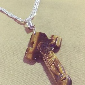 NWT-HAND CARVED TIGER'S EYE CROSS-ON 18" OR 22" INCH, STERLING CHAIN.  U CHOOSE